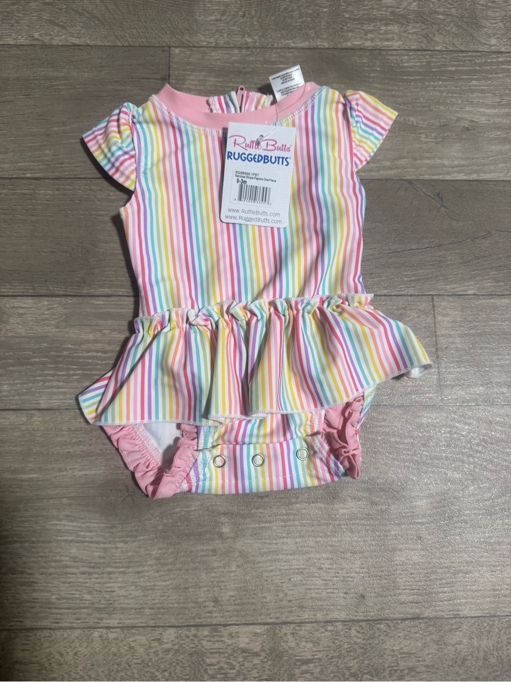 Ruffle Butts Pastel Rainbow Stripe Peplum Swim One-Piece - Pink Trim